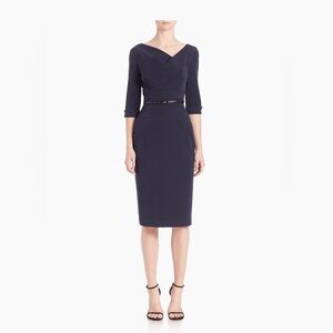 Black Halo Jackie O Three-Quarter‎ Sleeve Dress Blue Sheath Dress with Cowl Neck